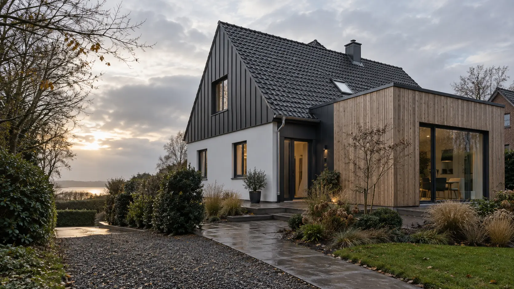 Modernisiertes norddeutsches Wohnhaus mit Steildach, Holzbau und Metallarbeiten