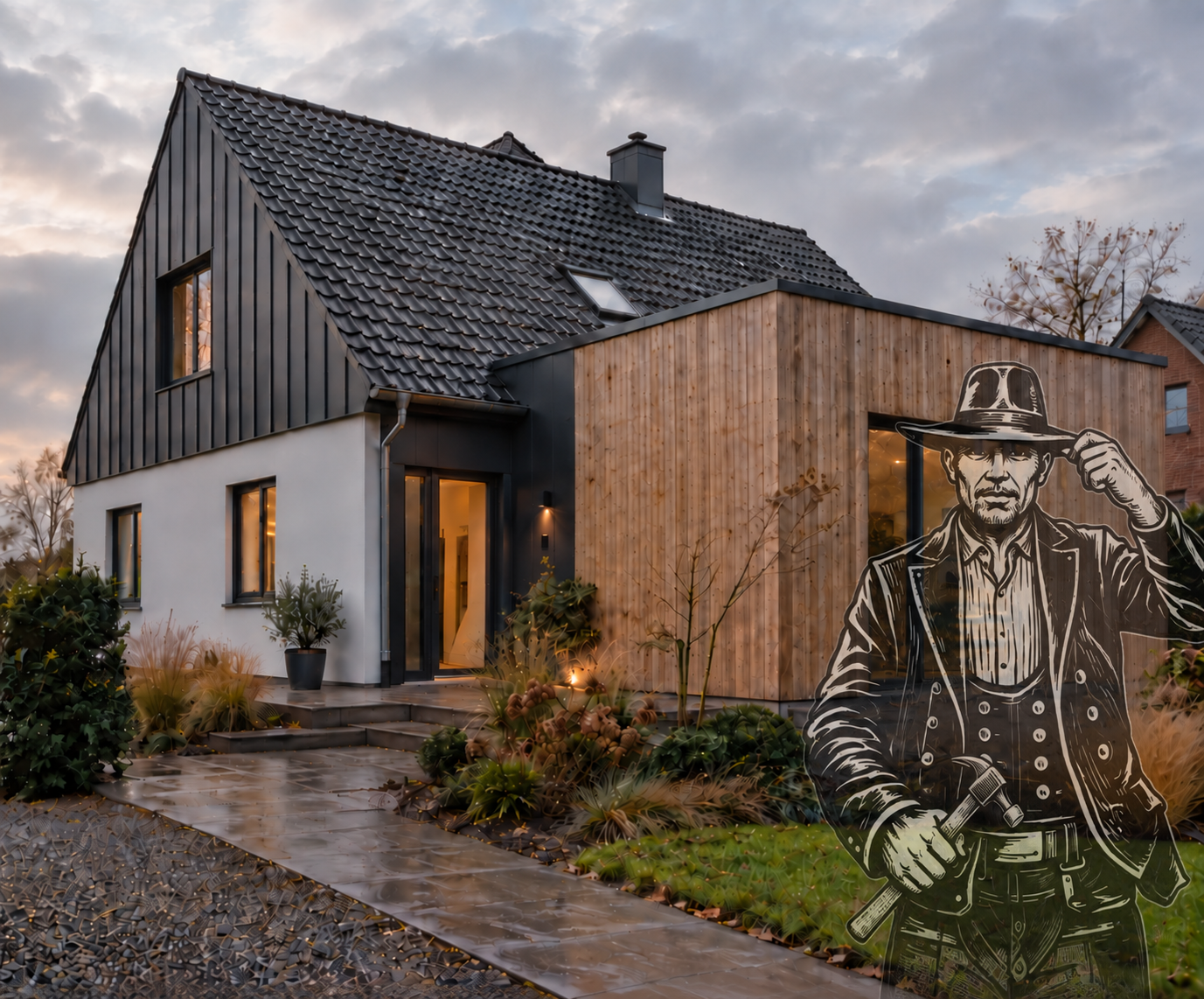 Modernisiertes norddeutsches Wohnhaus mit Steildach, Holzbau und Metallarbeiten
